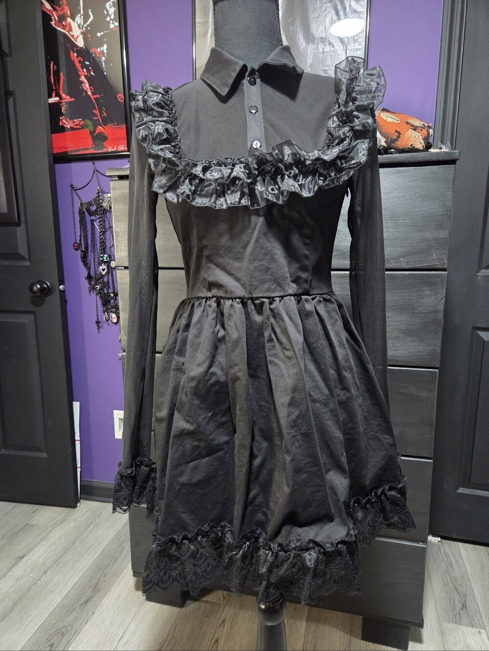 Dolls Kill Widow Macabre Fascination Mini Dress Black Goth Emo Punk Ruffle Mesh
